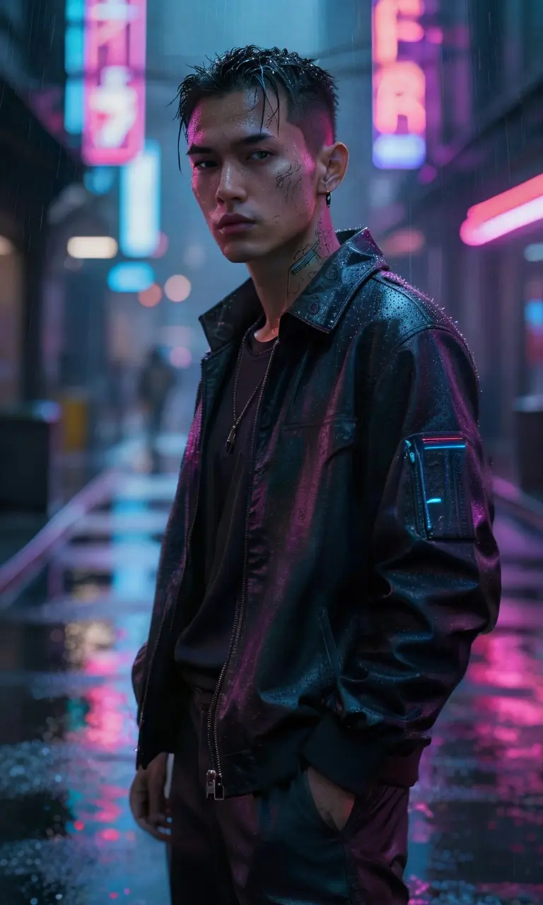 Cyberpunk street portrait, neon lighting, rain reflection, detailed skin texture, 8k resolution, cinematic depth of field.
