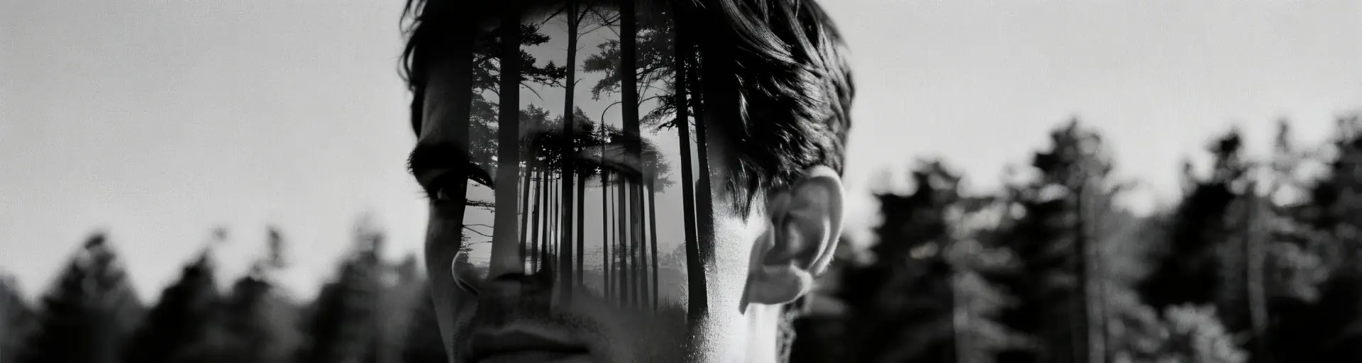 Double exposure portrait, man and forest silhouette, artistic, monochrome.
